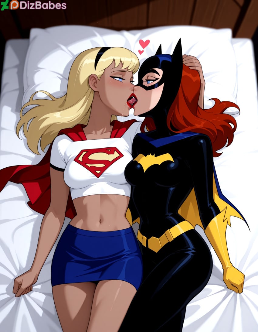 2girls ai_generated arm_around_partner barbara_gordon batgirl batman:_the_animated_series batman_(series) bed bedroom belt blonde_hair blue_eyes bodysuit breasts_touching cape dc_comics dcau dizbabes female_only french_kiss gloves hairband half-closed_eyes hand_on_another's_head heart justice_league justice_league_unlimited kara_zor-el kissing lesbian_kiss lipstick looking_at_another looking_at_partner lying mask midriff miniskirt navel on_back on_bed red_cape red_hair red_lipstick shirt stable_diffusion supergirl superheroine superman:_the_animated_series superman_(series) t-shirt the_new_batman_adventures tongue_kiss tongue_out yellow_gloves yuri