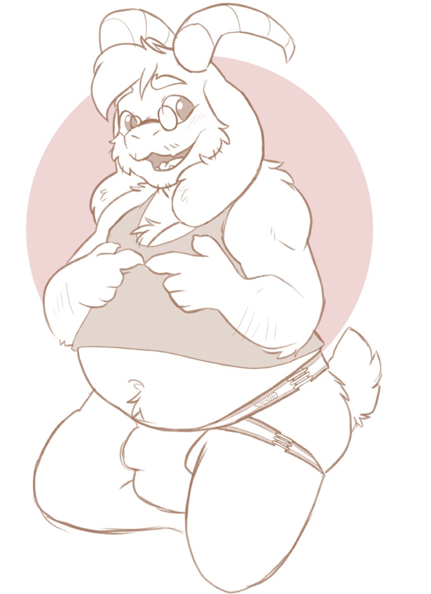 anthro asriel_dreemurr ass belly biped bovid bulge caprine clothing detailed_bulge eyewear floppy_ears glasses goat hi_res horn jockstrap line_art male male_anthro mammal overweight overweight_anthro overweight_male shirt shy solo tank_top tbid topwear undertale undertale_(series) underwear