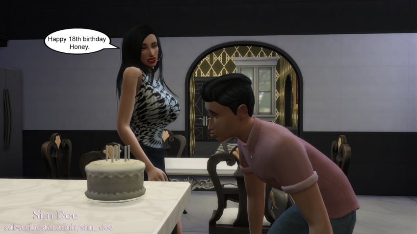 18th_birthday 3d bella_jameson(sim_doe) big_breasts birthday black_hair breasts caption comic comic_page english english_text male marvin_jameson(sim_doe) milf mother_and_son original_characters sim_doe sims sims4 sims_4 speech_bubble speech_bubbles step-incest step_family stepcest stepmother stepmother_and_stepson the_sims the_sims_4