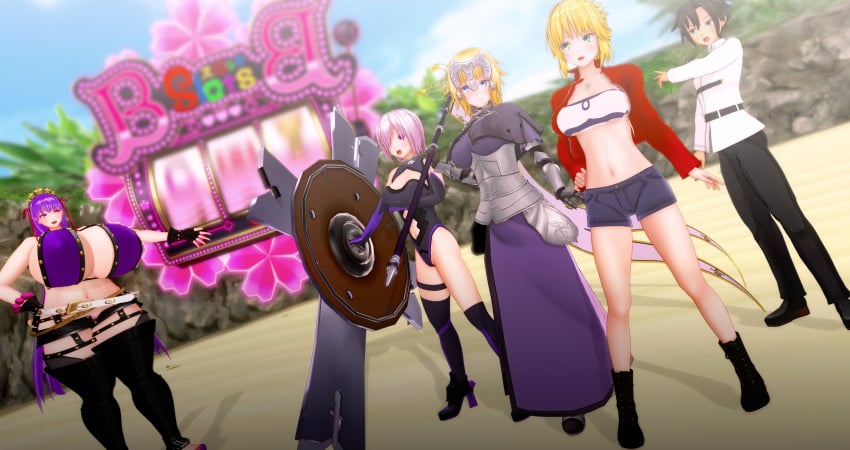 1boy 2024 4girls armor armored_female armored_gloves bare_shoulders bb_(fate) bb_(swimsuit_mooncancer) bb_(swimsuit_mooncancer)_(fate) before_transformation belt bikini bikini_top black_boots black_fingerless_gloves black_gloves black_hair black_leotard black_pants black_shoes black_short_shorts black_shorts blonde_hair blue_eyes blue_short_shorts blue_shorts boots breasts_bigger_than_head brown_belt center_opening cleavage clothed clothed_female clothed_male clothing dress fate/grand_order fate_(series) female fingerless_gloves flag fujimaru_ritsuka_(male) gloves green_eyes hair_over_eye hair_over_one_eye headband headwear heels holding_flag holding_shield huge_breasts jacket jacket_open jeanne_d'arc_(fate) leotard light-skinned_female light-skinned_male light_skin light_skinned_female light_skinned_male lipstick long_gloves long_hair male mash_kyrielight medium_breasts medium_hair midriff mordred_(fate) nail_polish navel necklace next_yucoru_s pants pink_hair pubic_hair pubic_hair_peek purple_bikini purple_bikini_top purple_dress purple_eyes purple_hair purple_lips purple_lipstick purple_nail_polish purple_nails purple_pubic_hair purple_toenail_polish purple_toenails red_jacket shield shoes short_hair short_shorts shorts sideboob slot_machine thick_thighs toenail_polish transformation white_belt white_jacket white_top white_topwear wide_hips