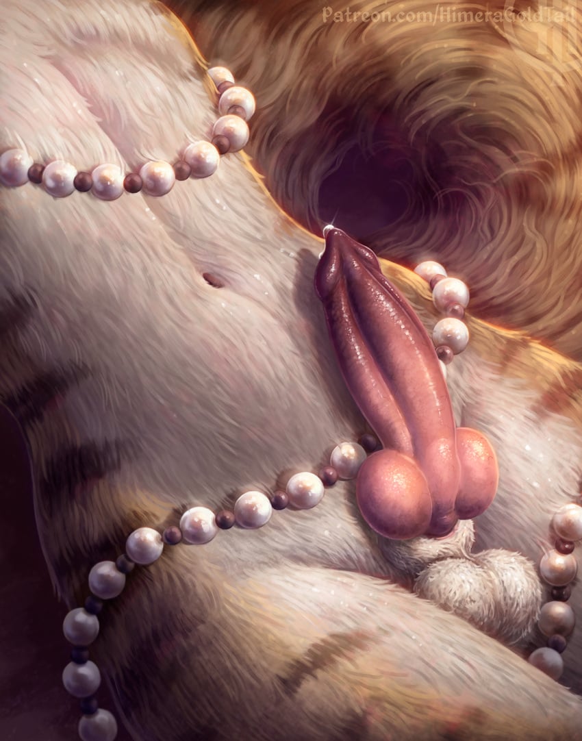 ambiguous_species animal_genitalia animal_penis anthro balls bodily_fluids brown_body brown_fur brown_tail canine_genitalia canine_penis erection faceless_anthro faceless_character faceless_male fur genital_fluids genitals heron_stellanimus hi_res himeragoldtail knot lying male navel nude on_back penis pink_penis precum precum_bead sheath solo tail white_balls white_body white_fur white_sheath