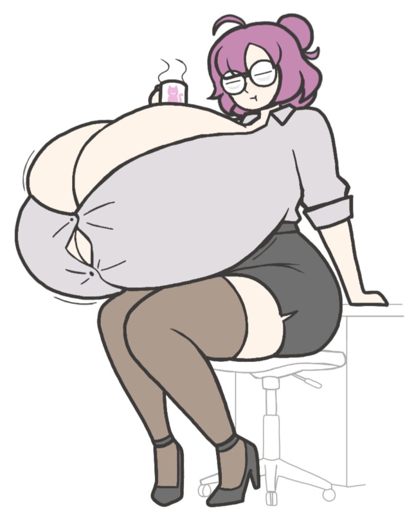 aplovestudio bursting_breasts clothed coffee gigantic_breasts glasses hyper_breasts office office_lady original_character purple_hair thighhighs tired