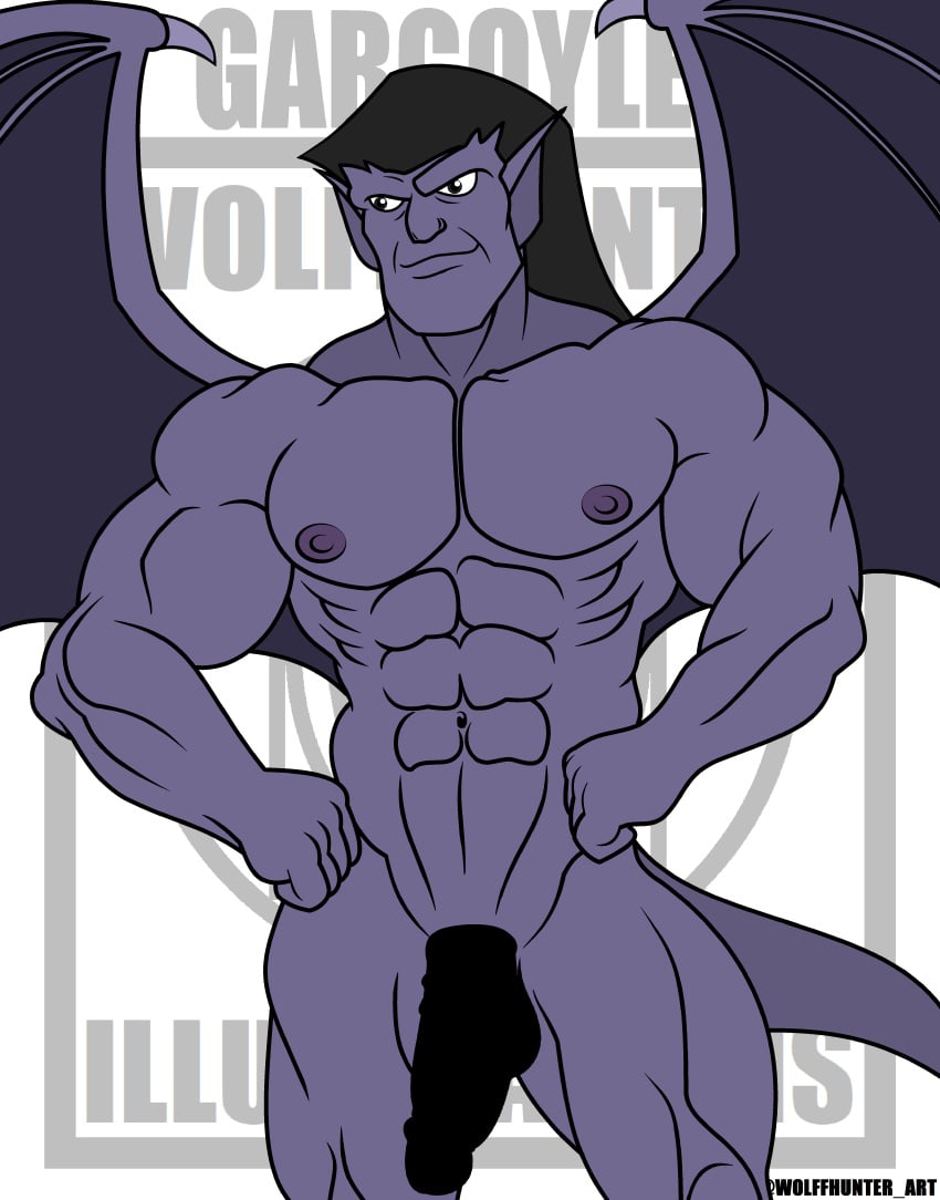 cartoony censored_penis erection gargoyles goliath_(gargoyles) heavily_censored long_hair male_nipples male_only male_pubic_hair masculine mature_male muscles muscular_male non-human pecs smile smiling smooth_skinned_male solo veiny_penis white_background wolffhunter_art