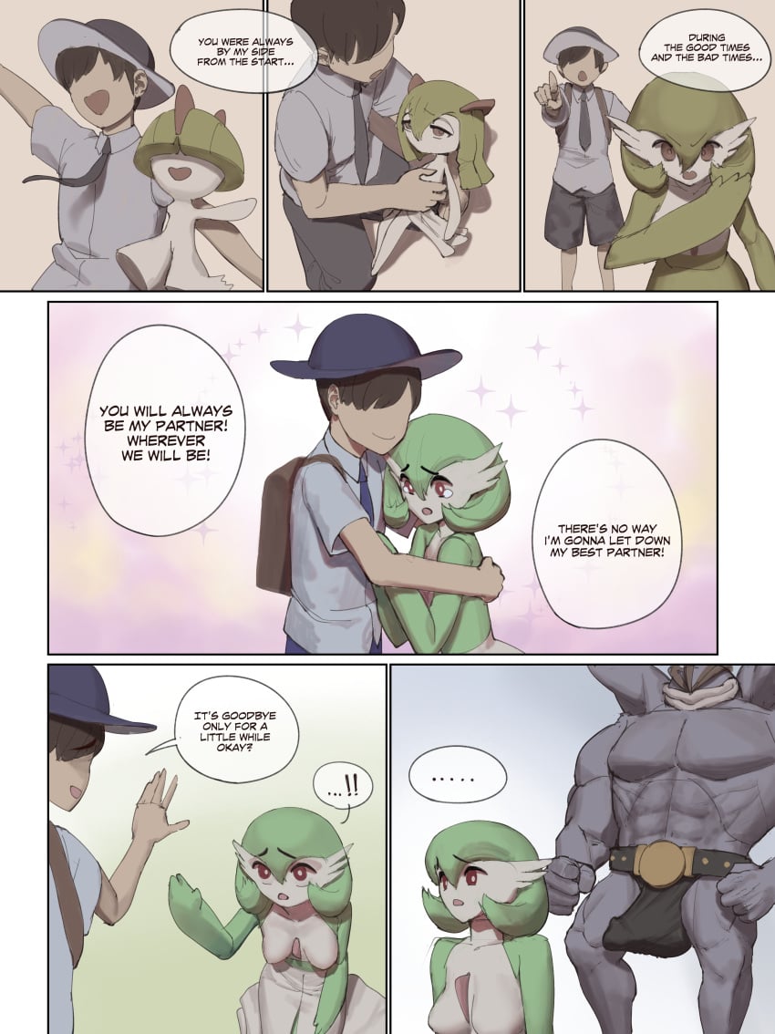 1girls about_to_be_champed bulge bulge_through_clothing comic dialogue english english_text florian_(pokemon) gardevoir green_body green_skin human imminent_rape imminent_sex kirlia machamp penis penis_bulge pokemon pokemon_(species) pokemon_rgby pokemon_rse pokemon_sv ralts size_difference speech_bubble wjs07