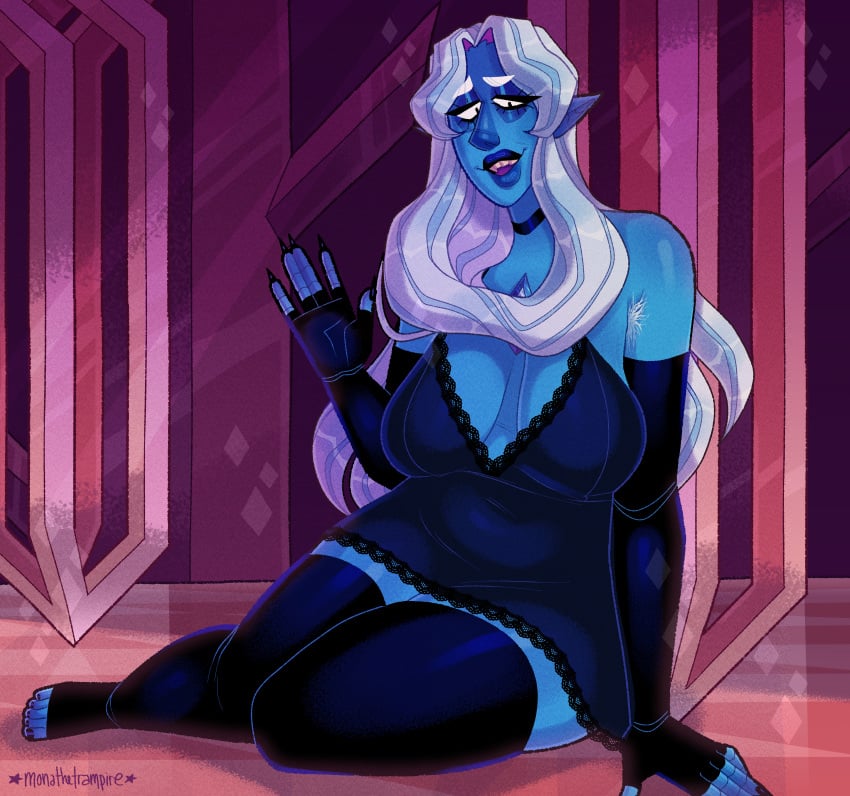 1girls alien alien_girl alien_humanoid arm_warmers armpit_hair black_nail_polish black_nails blue_diamond_(steven_universe) blue_skin body_hair choker chubby chubby_female diamond_authority elf_ears fanart feet female_armpit_hair fingerless_gloves gem_(species) giant giant_woman giantess hairy_armpits happy lace lingerie long_nails mature mature_female milf monathetrampire reclining sagging_breasts sitting smiling steven_universe thighhighs tired_eyes tummy waving white_hair