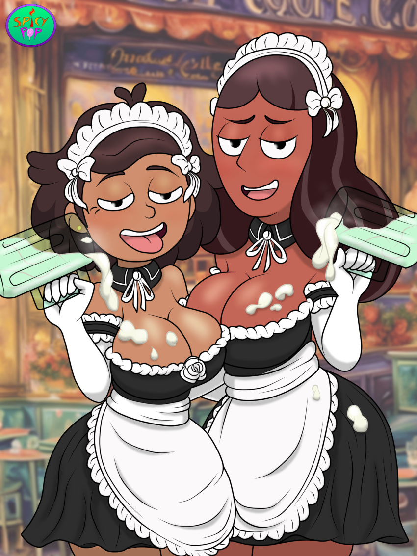 2girls amphibia big_breasts brown_hair cartoon_network cleavage crossover dark-skinned_female dark_skin disney female_only looking_at_viewer maid maid_headdress maid_uniform mature_female milf mother mrs._boonchuy multiple_girls oum_boonchuy priyanka_maheswaran spicypop steven_universe straight_hair