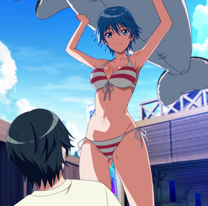 akitsuki_fuuka armpits arms_up beach beach_episode blue_eyes blue_hair from_above fuuka hips hips_wider_than_shoulders imminent_grope medium_breasts navel navel_fetish screencap seductive seductive_pose sexy_armpits slim_body slim_female slim_girl thigh_gap