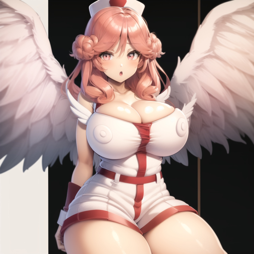 ahoge ai_generated angel angel_wings asymmetrical_wings bangs bare_shoulders blurry blurry_background blurry_foreground blush breasts day depth_of_field duel_monster feather_hair feathered_wings feathers female flying focused head_wings injection_fairy_lily large_breasts large_wings long_hair looking_at_viewer low_wings motion_blur open_mouth pink_eyes pink_hair pink_wings single_wing sitting spread_wings tail_feathers thick thick_thighs thighs white_feathers white_wings wings yu-gi-oh!