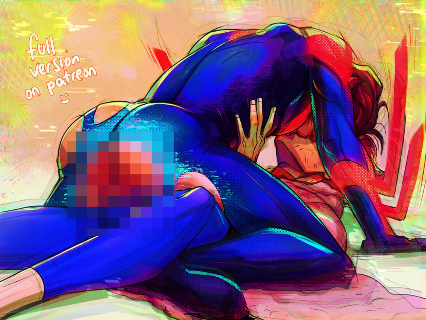 2boys absurdres anal anal_through_clothes arm_blade ass bara blue_bodysuit bodysuit brown_hair censored cowgirl_position dark-skinned_male dark_skin feet_out_of_frame gay glowing_bodysuit highres kissing lying male_focus male_only marvel miguel_o'hara mosaic_censoring multiple_boys muscular muscular_male on_back paid_reward_available penetration_through_clothes peter_b_parker red_bodysuit sex sex_through_clothes sex_through_clothing sex_through_torn_clothes skin_tight sparse_stubble spider-man:_across_the_spider-verse spider-man_(2099) spider-man_(series) straddling torn_bodysuit torn_clothes two-tone_bodysuit weapon yakichou yaoi