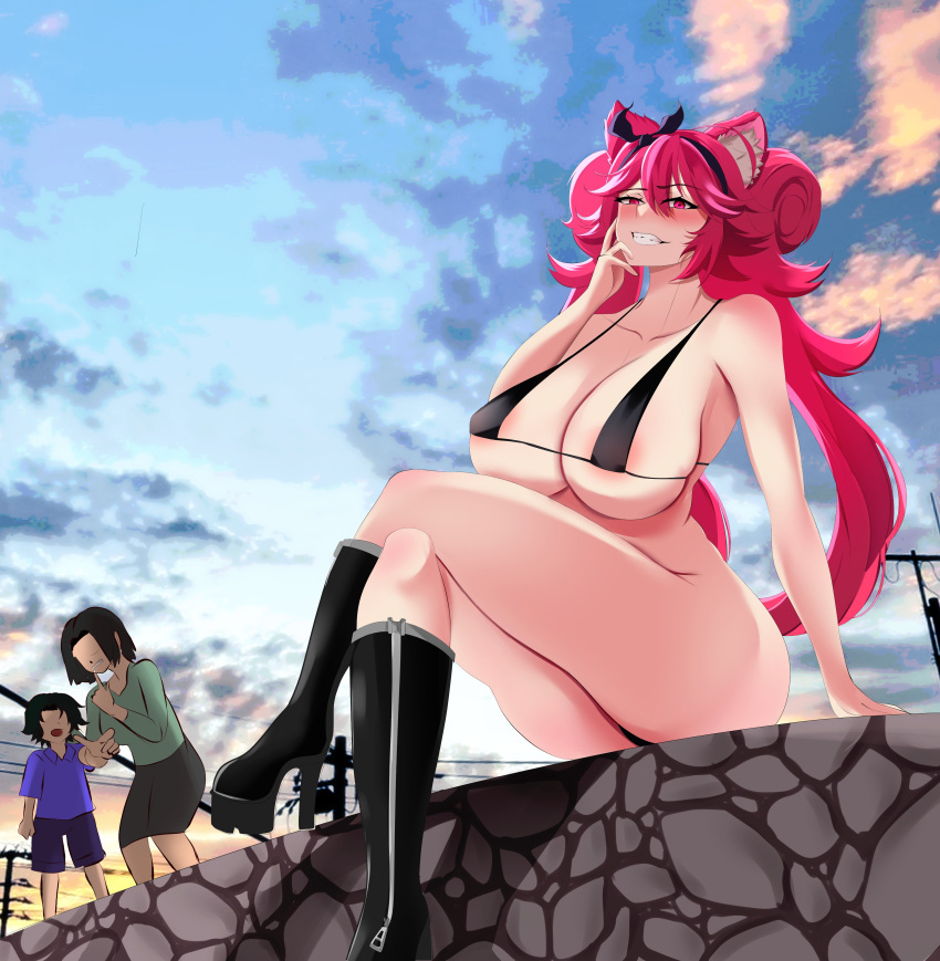 1girls animal_ears areola_slip ass big_breasts blush boots crossed_legs exhibitionism grin headband highres hot_pink_hair latam_virtual_youtuber lunaria_ayaren neffario pose posing public_exposure revealing_clothes sitting smug string_bikini twintails virtual_youtuber voluptuous vtuber vtuberfanart youtube_hispanic