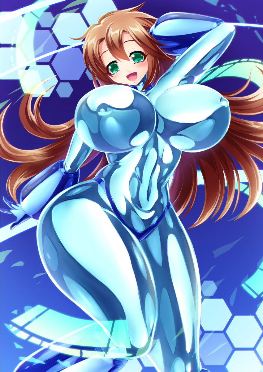 1girls big_breasts bodysuit brown_hair erect_nipples green_eyes huge_breasts kogawawaki large_breasts long_hair mega_man mega_man(classic) mega_man_(character) nipple_bulge roco_(sulfer-kokegitsune) rule_63 shiny smile solo tagme thick_thighs thong very_long_hair