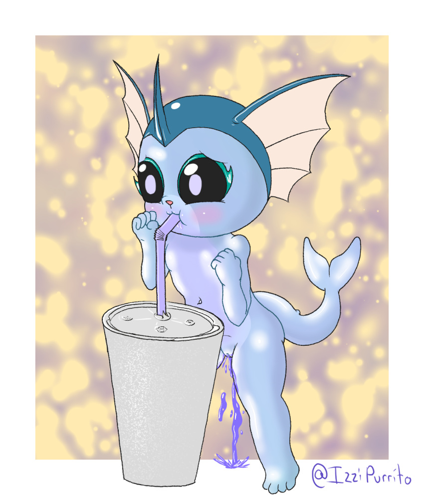 anthro beverage bright_light container cub cup drinking eeveelution female fin generation_1_pokemon genitals glistening glistening_body hi_res horn izzipurrito light_underbelly mcdonald's milkshake navel nintendo nude open_mouth peeing pokemon pokemon_(species) purple_body pussy simple_background solo squirting standing straw_in_mouth tagme tail thick_thighs vaporeon young