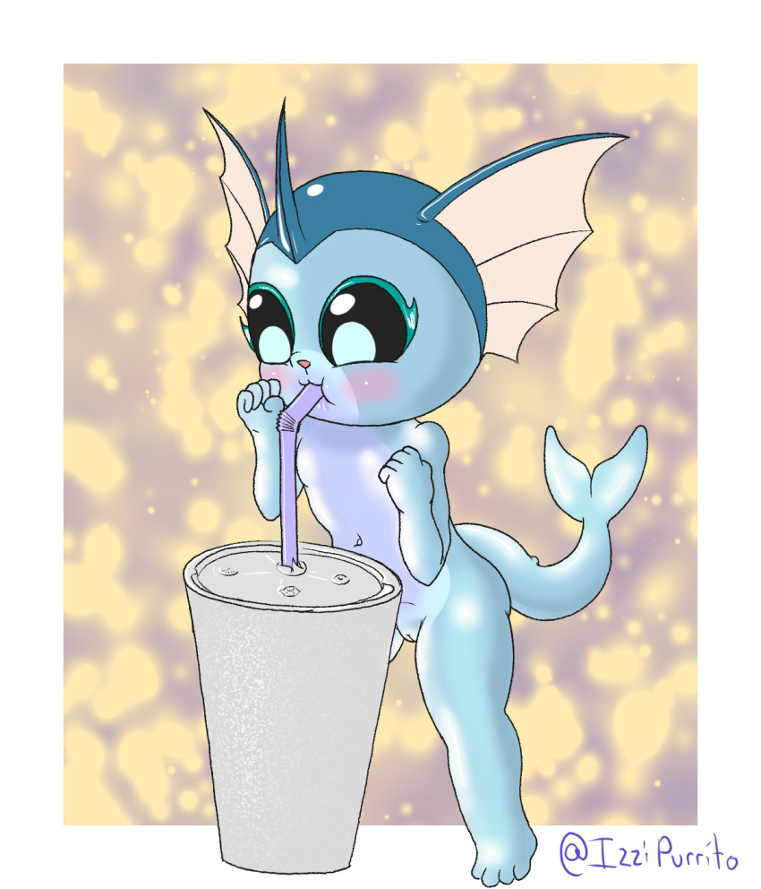 anthro beverage bright_light container cub cup drinking eeveelution female fin generation_1_pokemon genitals glistening glistening_body grimace_shake hi_res horn izzipurrito light_underbelly mcdonald's milkshake navel nintendo nude open_mouth pokemon pokemon_(species) purple_body pussy simple_background solo standing straw_in_mouth tagme tail thick_thighs vaporeon young