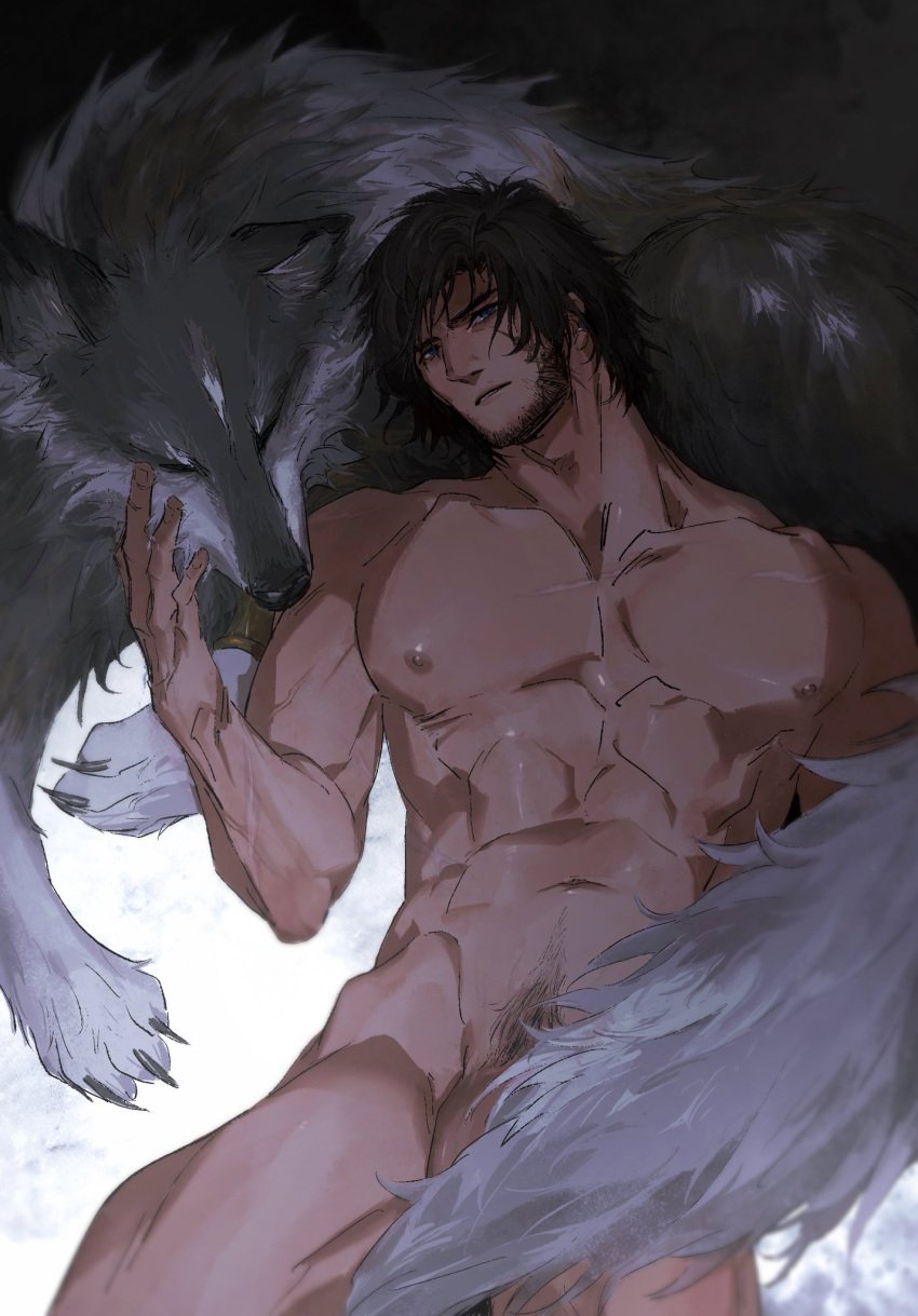 1boy animal canine clive_rosfield completely_nude facial_tattoo final_fantasy final_fantasy_xvi grey_wolf highres holding holding_animal holding_dog male_focus mustache_stubble nude shiyikuaiqingtai_(weibo7279846390) solo square_enix tattoo teardrop_earring torgal_(final_fantasy_xvi) wolf