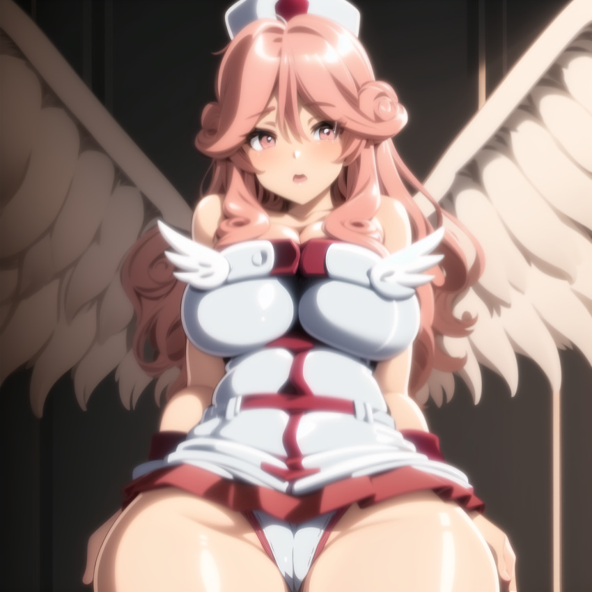 ahoge ai_generated angel angel_wings asymmetrical_wings bangs bare_shoulders blurry blurry_background blurry_foreground blush breasts day depth_of_field duel_monster feather_hair feathered_wings feathers female flying focused head_wings injection_fairy_lily large_breasts large_wings long_hair looking_at_viewer low_wings motion_blur open_mouth pink_eyes pink_hair pink_wings single_wing sitting spread_wings tail_feathers thick thick_thighs thighs white_feathers white_wings wings yu-gi-oh!