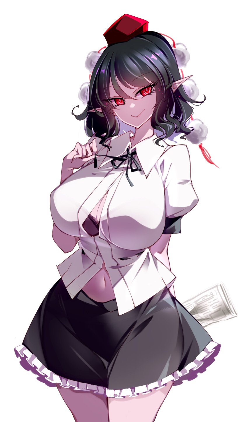 big_breasts black_hair looking_at_viewer pointy_ears raptor7 red_eyes shameimaru_aya tagme tokin_hat touhou