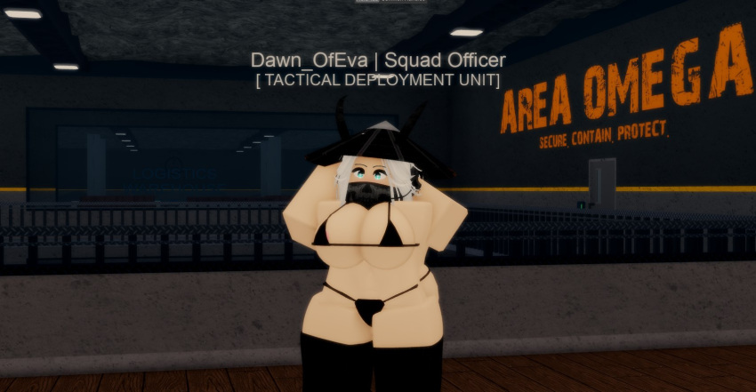 1female 1girls area_omega arms_behind_head big_breasts big_butt bikini bikini_top black_thighhighs detailed_background half_naked hat headgear headset_microphone horns looking_at_viewer masked_female panties roblox robloxian skull_mask thigh_highs thighhighs white_hair