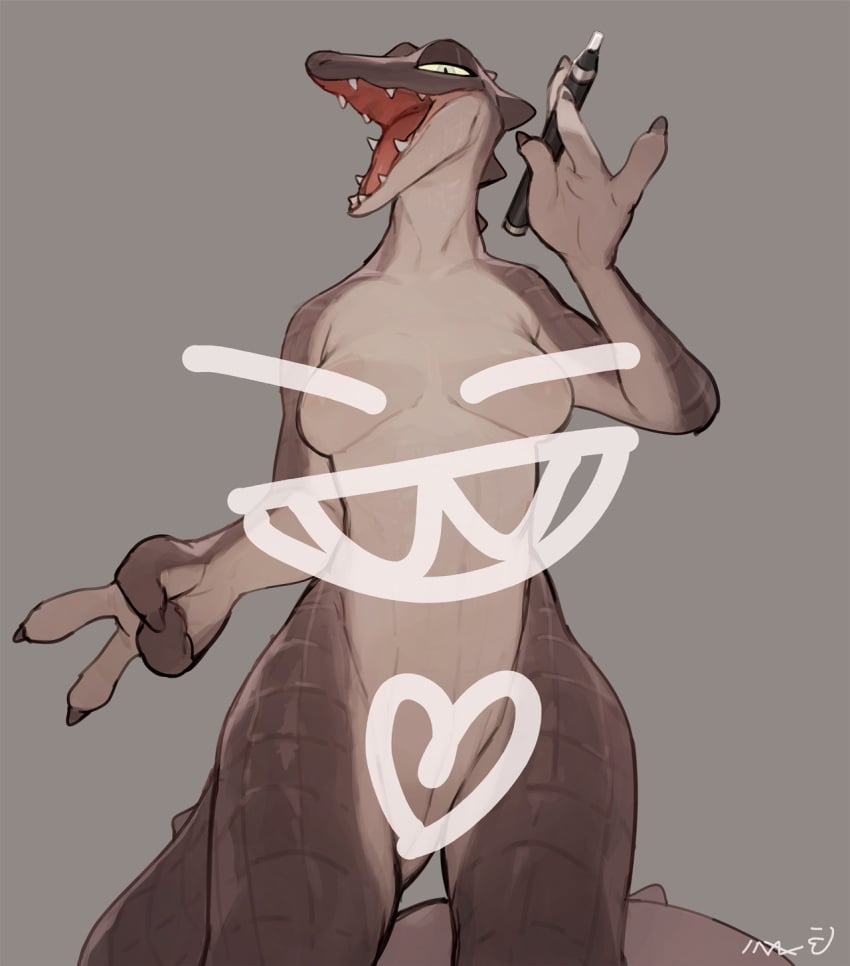 2023 alligator_barista_(bebebebebe) anthro bebebebebe biped breasts brown_body brown_scales censored claws creative_censorship crocodile crocodilian crocodylid digital_media_(artwork) female finger_claws genitals gesture grey_background hi_res holding_marker low-angle_view marker nipples open_mouth pupils pussy reptile scales scalie simple_background slit_pupils solo v_sign