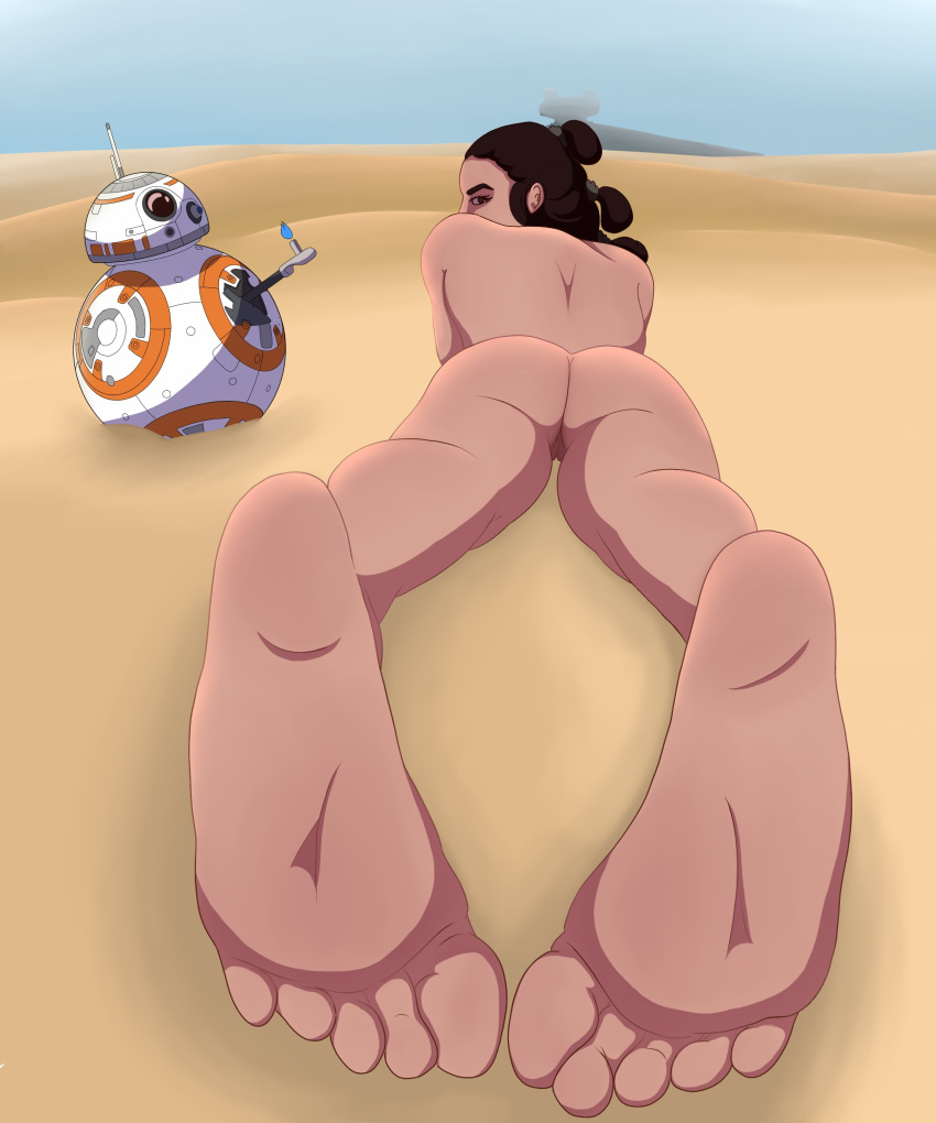 1boy 1girls 2d ass astromech_droid back background barefoot bb-8 completely_nude desert droid duo feet feet_focus foot_fetish genitals hair hair_bun hair_buns human jakku light-skinned_female light_skin lighter looking_at_viewer looking_back looking_back_at_viewer lying mina's_hand no_sex nude nudity on_ground on_stomach outdoor_nudity outside pussy rear_view rey robot sand science_fiction soles star_destroyer star_wars the_force_awakens thumbs_up vehicle wreckage