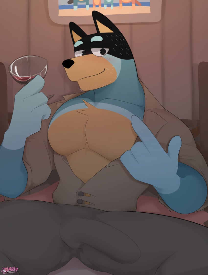 2023 alcohol anthro australian_cattle_dog bandit_heeler barazoku beckoning bedroom_eyes beverage big_bulge big_muscles big_pecs bluey_(series) bottomwear bulge canid canine canis cattledog clothed clothing container cup detailed_bulge domestic_dog drinking_glass erection erection_under_clothing eyebrows fur genital_outline gesture glass glass_container glass_cup herding_dog hi_res holding_beverage holding_object inside inviting jagshiro looking_at_viewer male male_only mammal muscular muscular_anthro muscular_male narrowed_eyes open_clothing open_shirt open_topwear pants pastoral_dog pecs penis_outline seductive shirt sitting smile solo topwear tuft watermark wine wine_glass