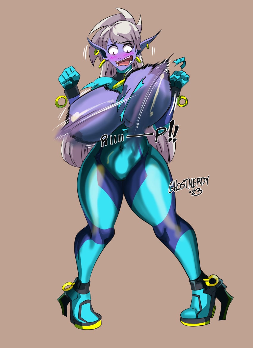 2023 bodysuit commission cosplay crossover_cosplay dark_elf elf female ghostnerdy heels high_heels huge_breasts manacles manaworld metroid ponytail purple_skin shadow_elf syx wardrobe_malfunction white_hair zero_suit zero_suit_samus_(cosplay)