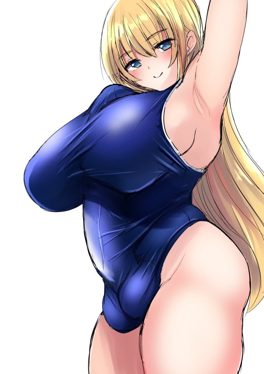 1futa armpits arms_up autopaizuri autopaizuri_under_clothes big_balls big_breasts big_penis blonde_hair blue_eyes breasts clothed clothing erect_penis erection futa_only futanari horny huge_breasts huge_cock human light-skinned_futanari light_skin long_hair low-angle_view massive_breasts mostly_clothed ohanachan original paizuri penis simple_background solo solo_futa standing swimsuit thick_thighs thighs white_background yellow_hair