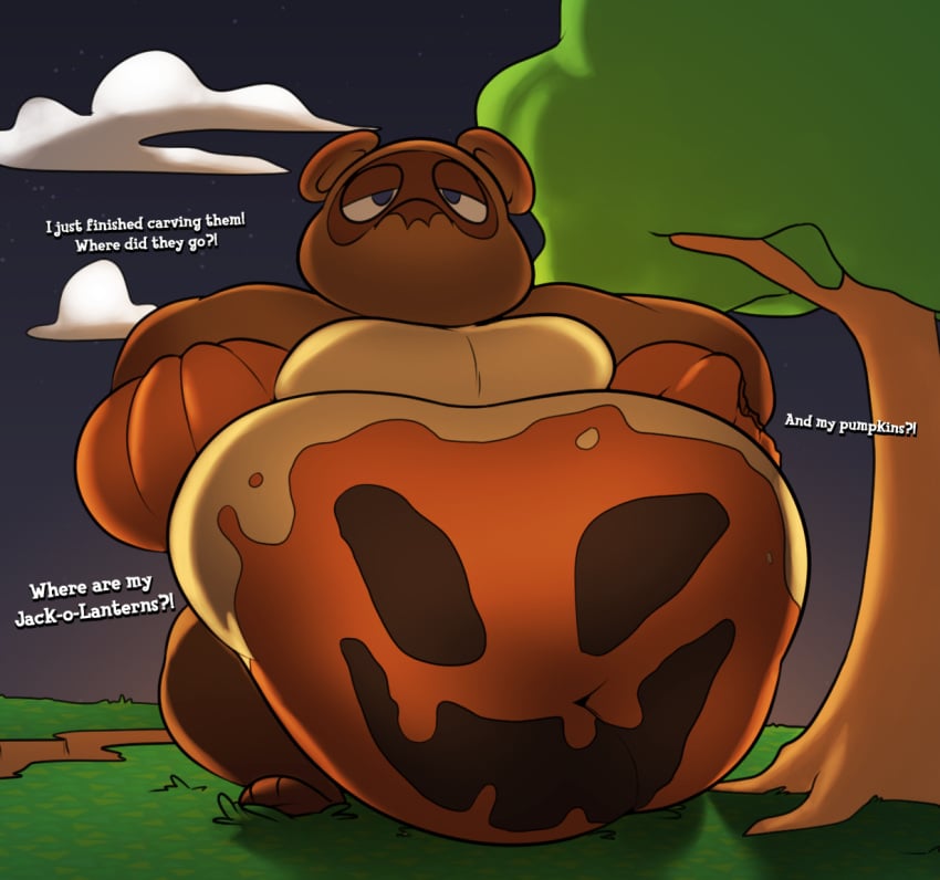 1boy animal_crossing anthro belly blue_eyes body_paint bodypaint brown_fur cloud clouds english_text fat furry halloween inisuu jack-o'-lantern large_belly male male_focus male_only moobs nintendo nude nude_male overweight overweight_male paint pumpkin pumpkin_belly solo solo_male stomach tanuki tanuki_humanoid text tom_nook tree trees