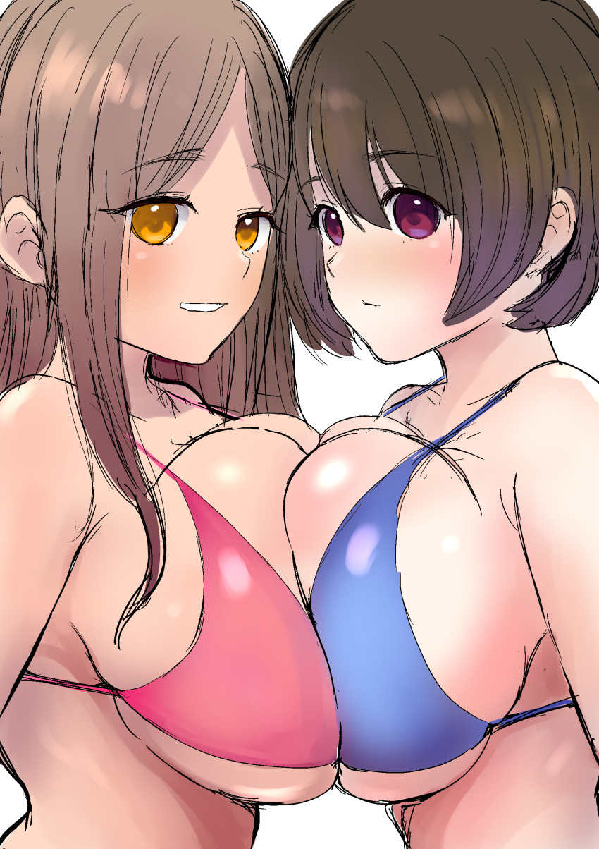 2girls big_breasts bikini blue_bikini breasts brown_hair duo female female_only huge_breasts light-skinned_female light_skin long_hair looking_at_viewer multiple_girls ohanachan original pink_bikini pressing_breasts_together purple_eyes short_hair simple_background white_background yellow_eyes