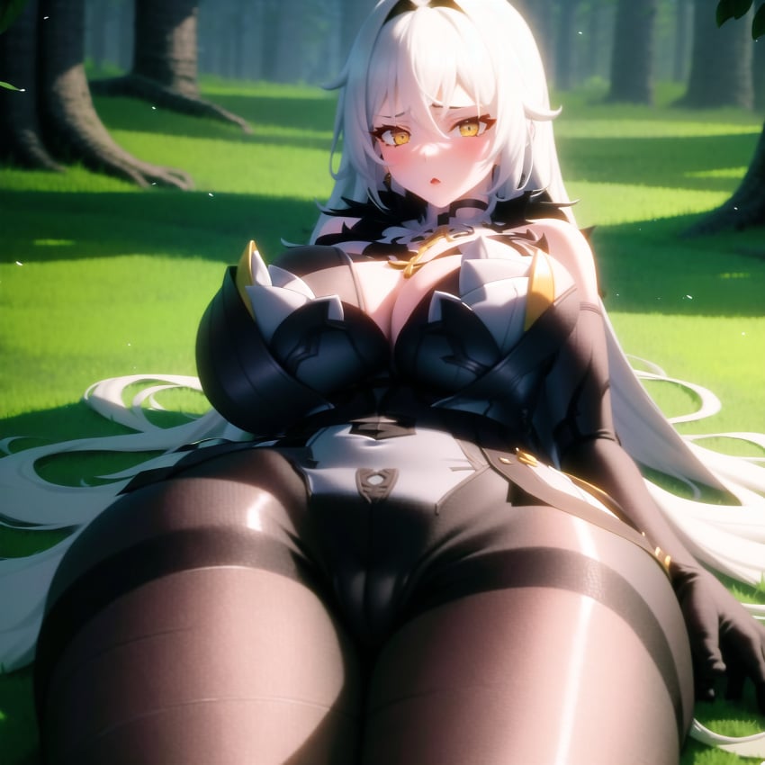 1girls 2023 ai_generated asmoday_(genshin_impact) bangs big_ass big_butt blurry blurry_background blush bodysuit breasts bulge bulge_through_clothing cleavage clothed clothing earrings female forest genshin_impact gloves grass hair_between_eyes hi_res highres huge_breasts huge_thighs human large_breasts light-skinned_female light_skin long_hair looking_at_viewer nature open_mouth outdoors pantyhose silver_hair sitting solo thick thick_thighs thighband_pantyhose thighs very_long_hair white_hair wide_hips yellow_eyes