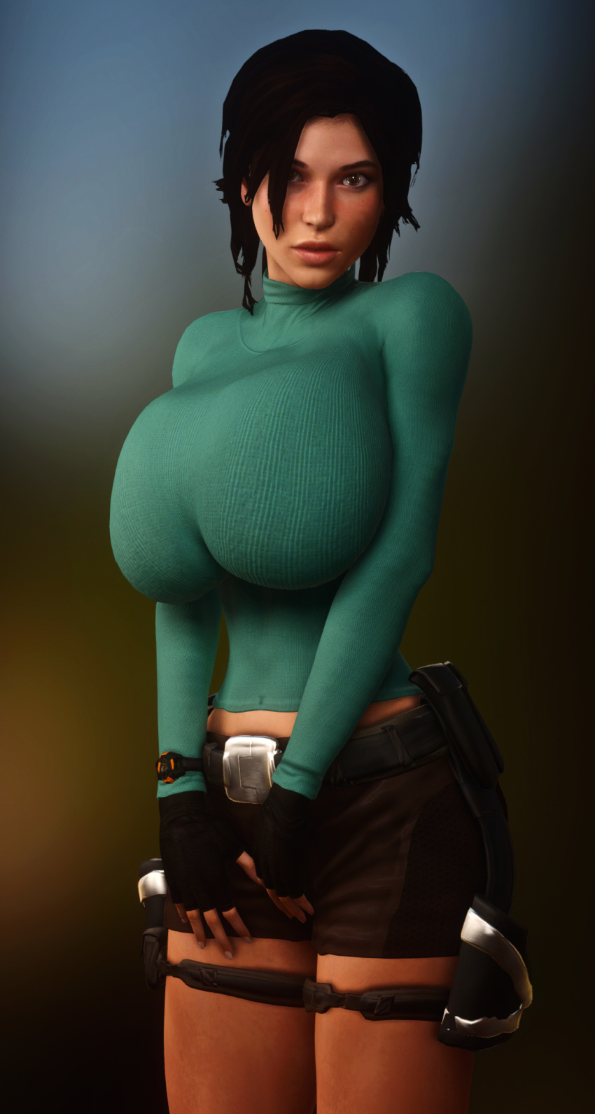 1girls 3d 3d_(artwork) alternate_breast_size belt belt_buckle big_hips bimbo breasts_bigger_than_head breasts_bigger_than_torso clothed clothed_female female female_only female_solo fingerless_gloves gigantic_breasts gloves hips hourglass_figure huge_breasts huge_hips human human_female human_only human_solo lara_croft lara_croft_(survivor) large_hips looking_at_viewer short_shorts shorts slim_waist small_waist solo solo_female thin_waist tomb_raider top_heavy upper_body vaako wide_hips