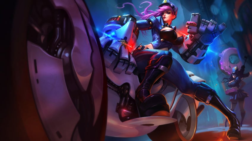 blue_hair caitlyn_kiramman donut edit edited huge_ass huge_breasts league_of_legends mkzitrovan_edits motorcycle officer_caitlyn officer_vi pink_hair police_uniform riot_games thick thick_thighs vi