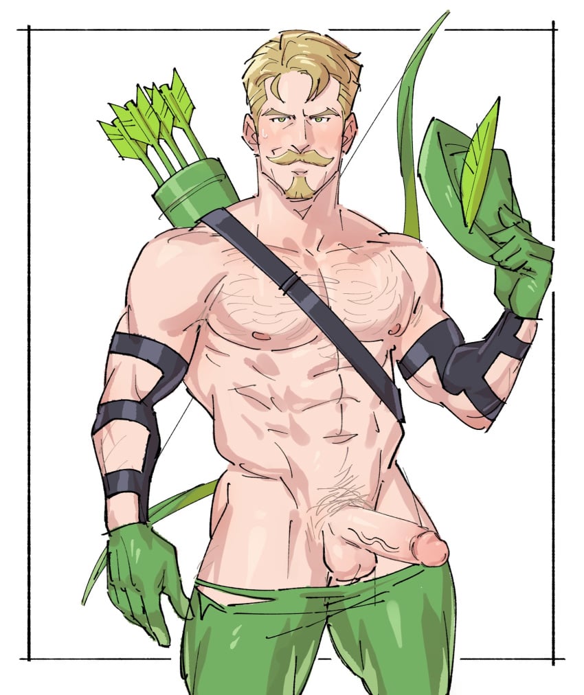 1boy 245and8pm abs arrows biceps boner bow bulging_biceps caucasian caucasian_male clothed dc erect_penis erection goatee green_arrow hairy_chest hard_on male male_only moustache muscles muscular muscular_male mustache oliver_queen pants_down pecs penis_out smooth_skin standing superhero thick_thighs unmasked