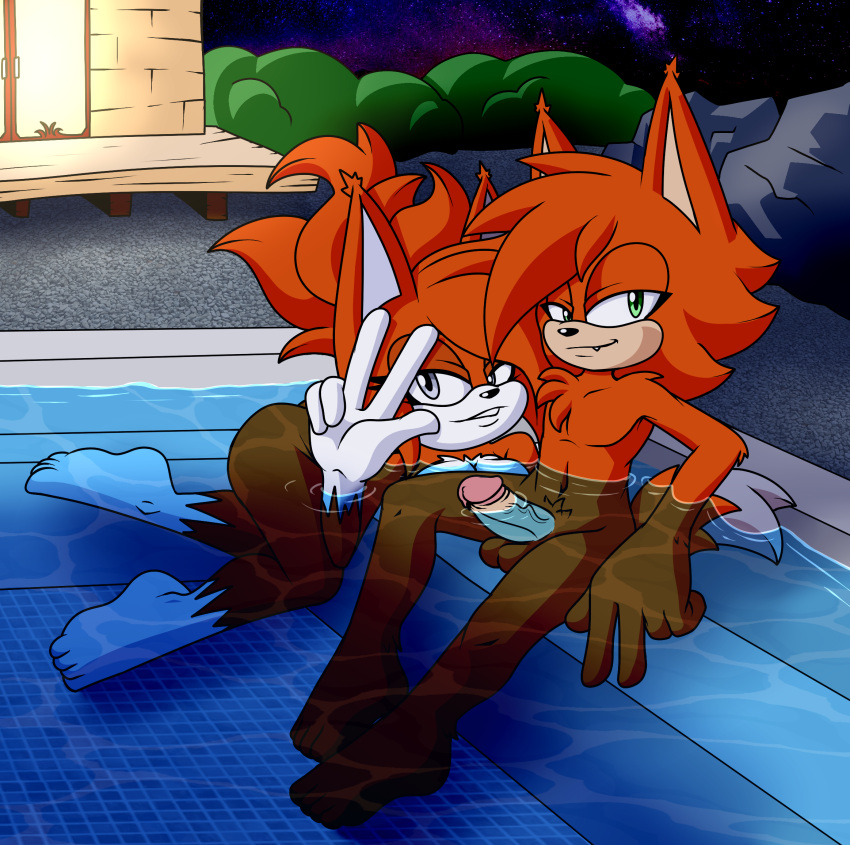 anthro brother brother_and_sister duo erection fan_character female fur green_eyes grey_eyes hi_res imminent_blowjob incest male male/female meyk meyk_the_lynx mia_the_lynx nude orange_body orange_fur partially_submerged public public_nudity sega siblings sisters sonic_(series) sonic_the_hedgehog_(series) swimming_pool twins