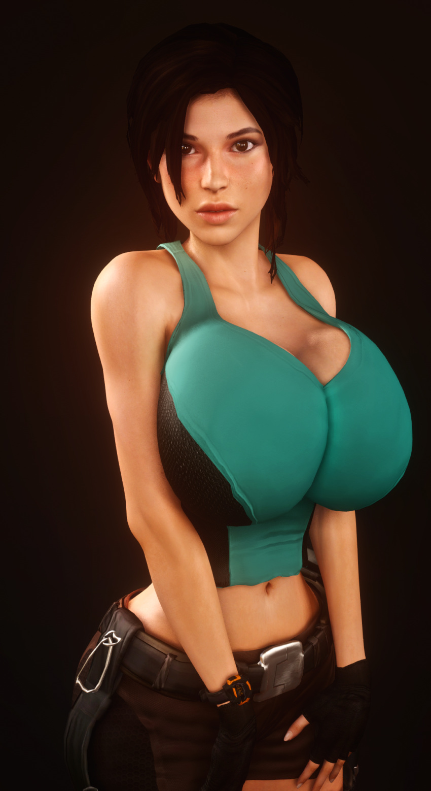 1girls 3d 3d_(artwork) alternate_breast_size belt belt_buckle big_hips bimbo breasts_bigger_than_head breasts_bigger_than_torso clothed clothed_female enormous_breasts female female_only female_solo fingerless_gloves gigantic_breasts gloves hips hourglass_figure huge_breasts huge_hips human human_female human_only human_solo lara_croft lara_croft_(survivor) large_hips looking_at_viewer massive_breasts midriff midriff_baring_shirt short_shorts shorts slim_waist small_waist solo solo_female thin_waist tomb_raider top_heavy vaako wide_hips