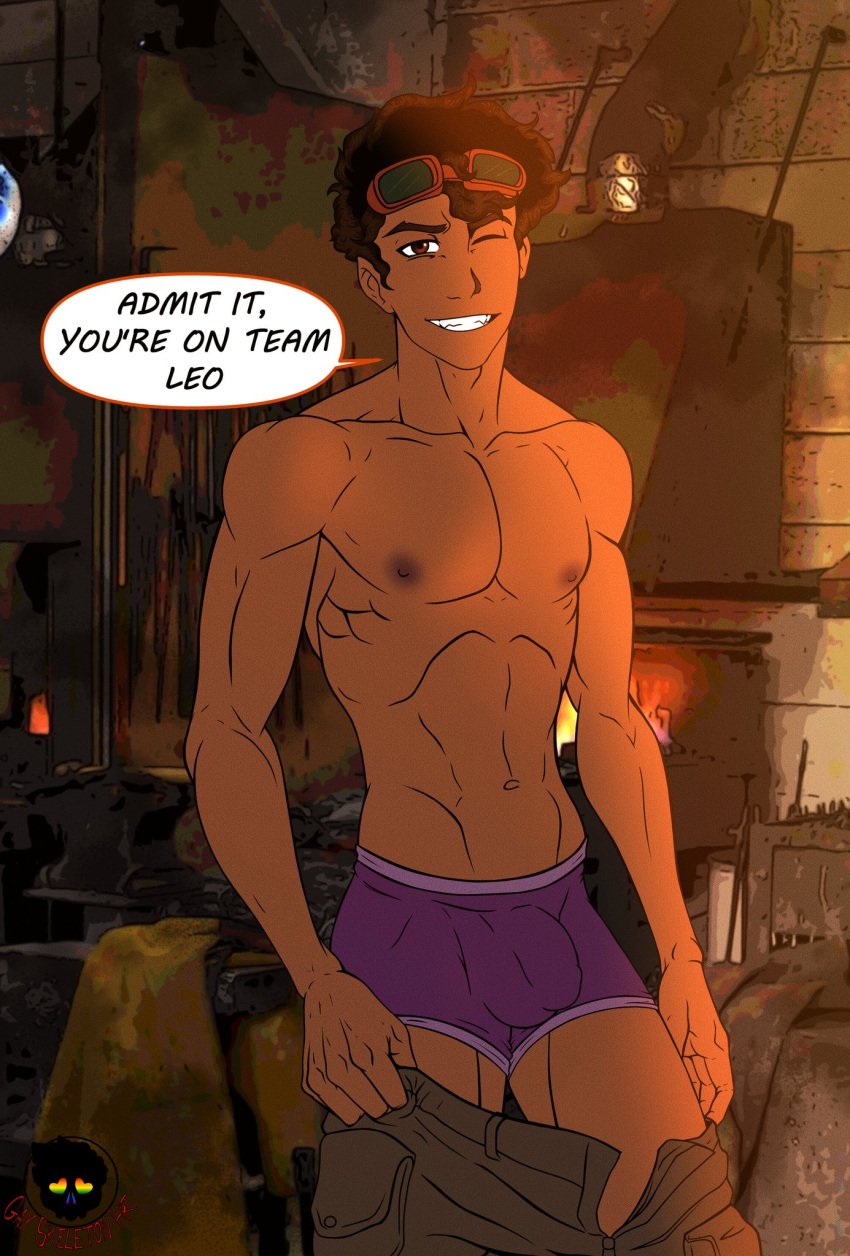 1boy 1male boxers bulge down gayskeletonart heroes_of_olympus hispanic hispanic_male latino latino_male leo_valdez male_only muscular pants percy_jackson_and_the_olympians purple_underwear solo_male topless underwear underwear_bulge undressing