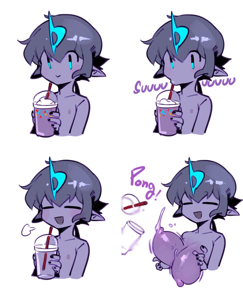 1boy 2023 :> bonnypir breast_expansion breasts busty_boy closed_eyes demon docu_(doppel) doppel drink drinking grimace_birthday_shake grimace_shake male male_only male_with_breasts mcdonald's meme nipples oblivious otoko_no_ko plain_background transformation white_background