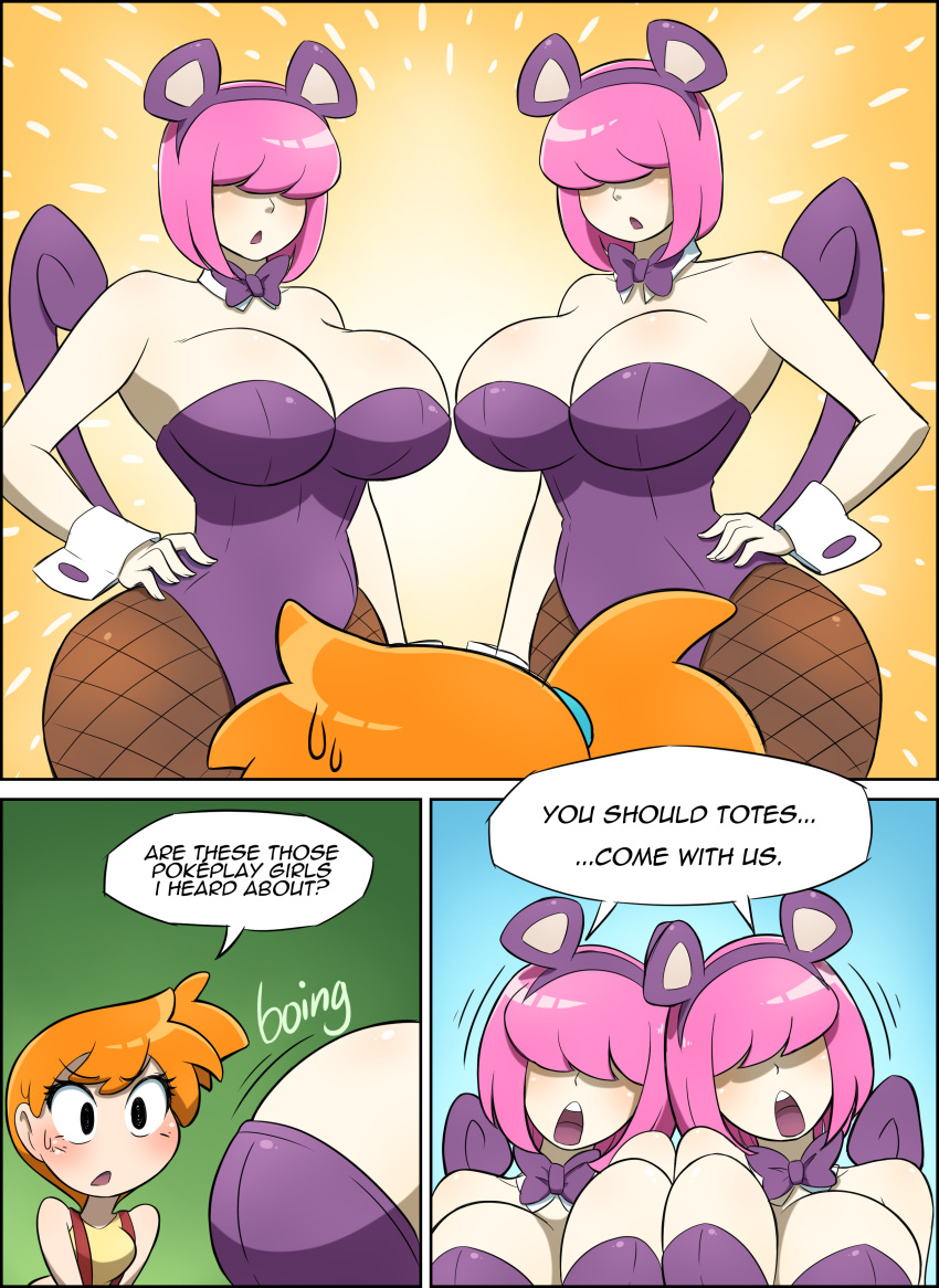 3girls bimbo bimbofication comic female_only fishnets kasumi_(pokemon) kobi-tfs large_breasts multiple_girls nintendo pink_hair playboy pokemon rattata red_hair text tomboy transformation