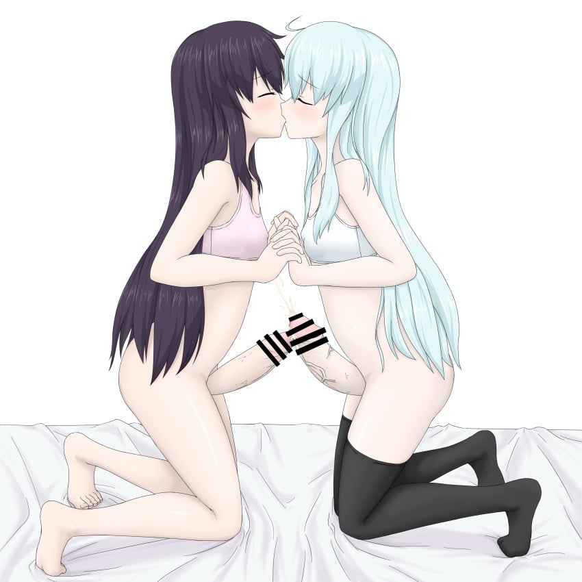 2futas akatsuki_(kantai_collection) big_penis black_hair bottomless breasts censor_bar censored censored_penis clothed clothing cum cum_on_penis duo erection futa_on_futa futa_only futa_with_futa futanari hibiki_(kantai_collection) holding_hands human incest kantai_collection kissing kneeling light-skinned_futanari light_skin long_hair mostly_nude no_panties penis sisters small_breasts symmetrical_docking touching_penis verniy_(kantai_collection)