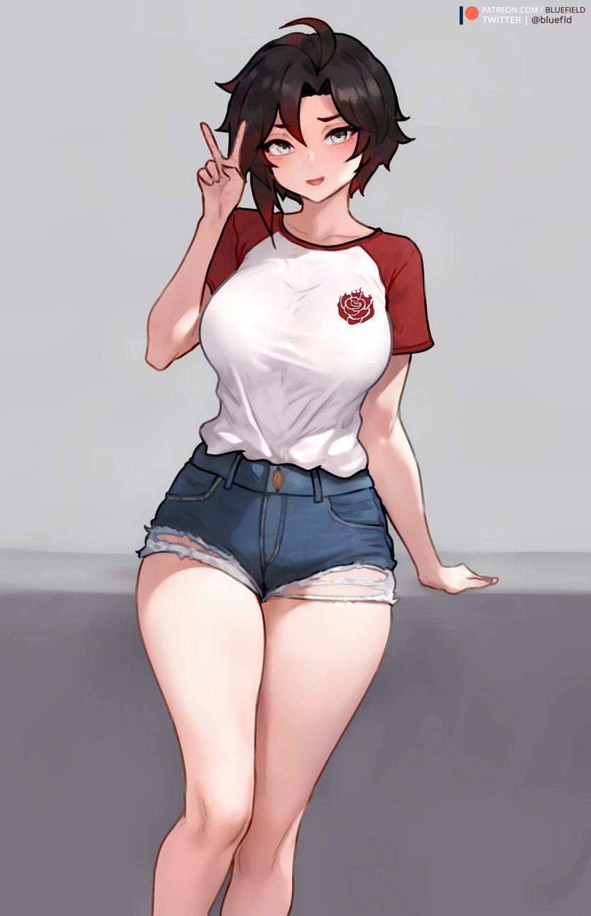 1girls alternate_breast_size bluefield blush booty_shorts breasts clothed female jean_shorts large_breasts light-skinned_female light_skin peace_sign png red_hair ruby_rose rwby short_hair short_shorts shorts silver_eyes smile thighs v