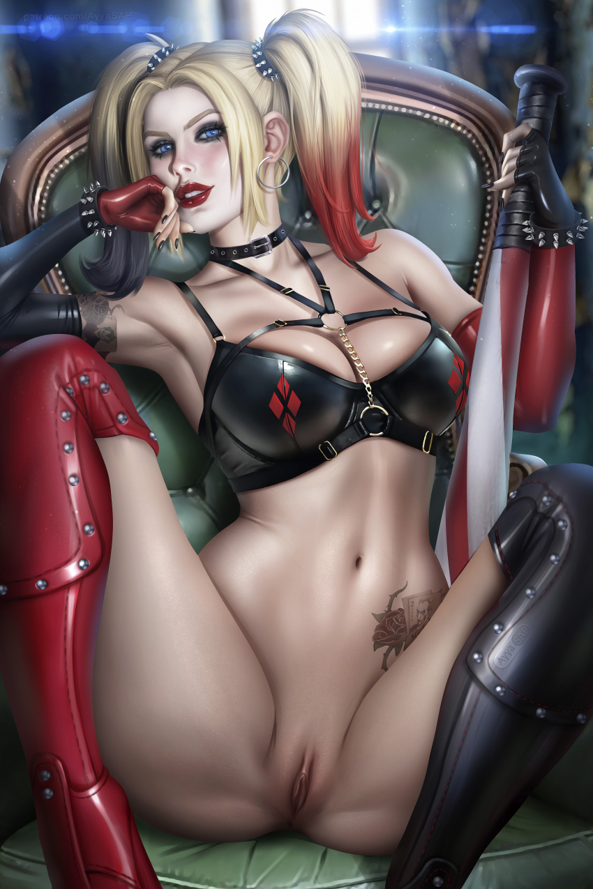 ayyasap blonde_hair blue_eyes bottomless dc dc_comics harley_quinn legs_apart legs_spread looking_at_viewer pussy shaved_pussy spread_legs vagina