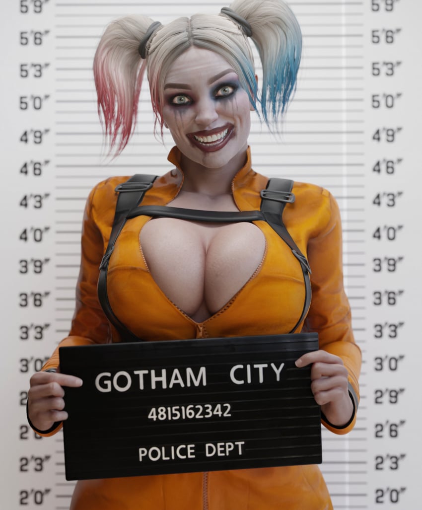 1girls 3d arrest arrested batesz batman_(series) big_breasts blonde_hair blue_eyes blue_hair breasts breasts_out cleavage crazy_eyes crazy_smile dc dc_comics female female_only fully_clothed glass harley_quinn harley_quinn_(injustice) hips huge_breasts injustice_2 inmate large_breasts light-skinned_female light_skin looking_at_viewer netherrealm_studios open_clothes open_mouth pink_hair prison prison_clothes prison_uniform prisoner smile solo teeth twintails wide_hips