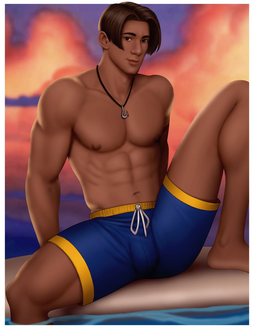 abs biceps bulge david_kawena disney drawnpr0n gay lilo_and_stitch looking_at_viewer male male_only melanin muscles muscular muscular_male outdoors outside pecs shirtless_male sitting smooth_chest smooth_skin spread_legs thick_thighs