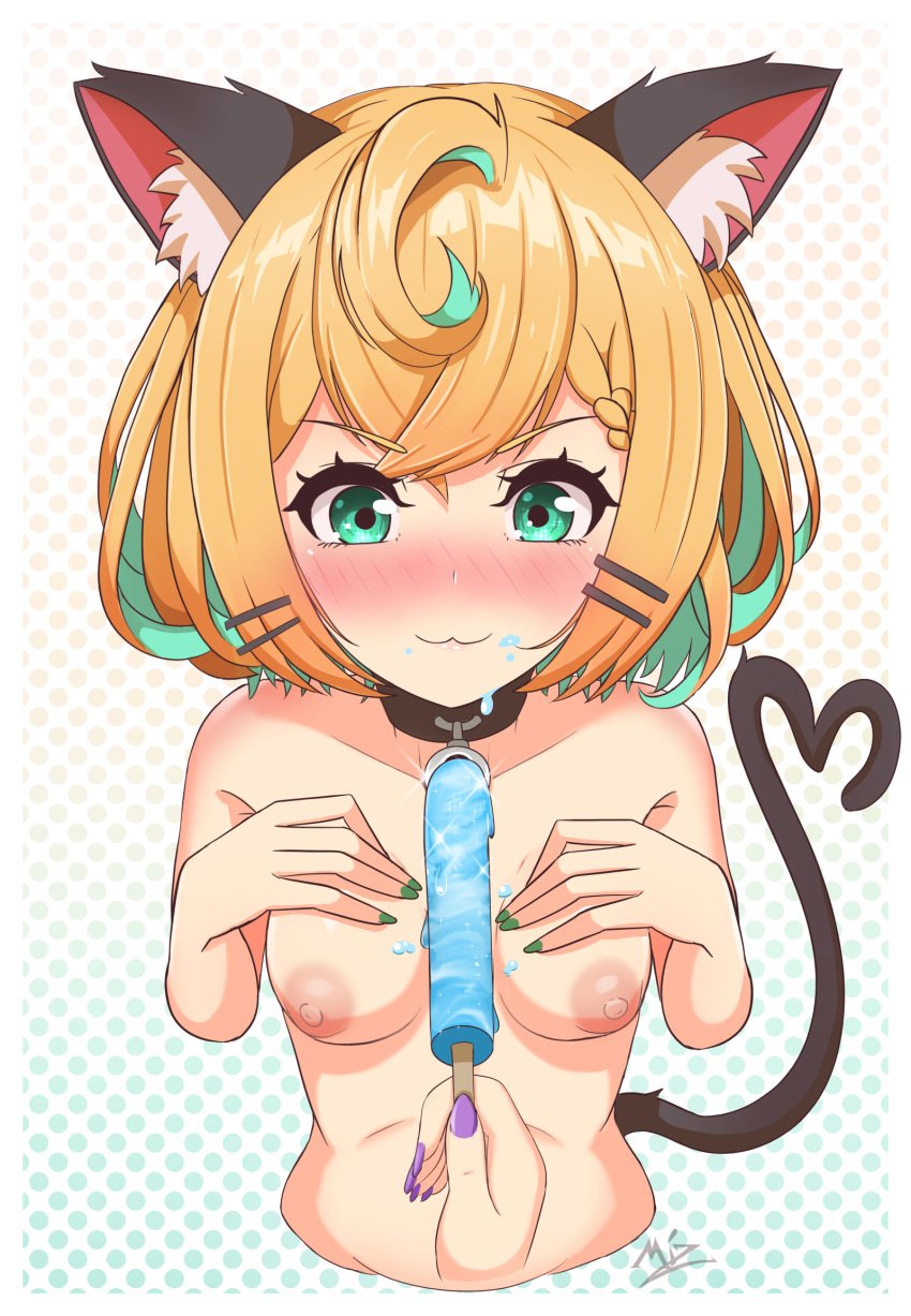 1girls :3 ahoge animal_ears animal_tail bare_midriff bare_shoulders blonde_hair blush breasts breasts_out cat_ears cat_tail catgirl choker embarrassed female female_only food food_on_face green_eyes hair_accessory hairclip highres kemonomimi looking_at_viewer medium_breasts melting_popsicle millie_parfait mizmillificent naked nijisanji nijisanji_en nipples no_bra nude nude_female pale_skin popsicle sexually_suggestive short_hair signature solo solo_female solo_focus tail topless upper_body virtual_youtuber yellow_hair