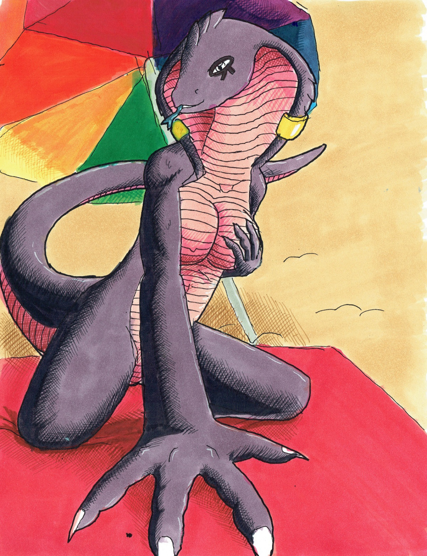 anthro beach breasts cobra female fullcolor hi_res looking_at_viewer nude nyghtmar3 pinup pose reptile scalie seaside snake solo tasha traditional_media_(artwork) umbrella