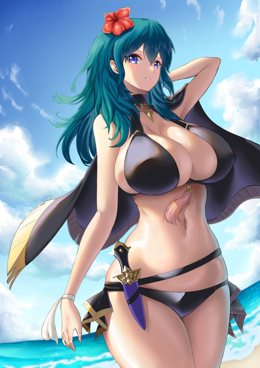 1girls 2023 alternate_costume beach bikini black_bikini black_swimsuit blue_eyes blue_hair bracelet byleth_(female)_(summer)_(fire_emblem) byleth_(fire_emblem) byleth_(fire_emblem)_(female) cape choker cleavage dagger detailed_background female female_only fire_emblem fire_emblem:_three_houses fire_emblem_heroes flower hair_flower highres huge_breasts knife light-skinned_female light_skin looking_at_viewer medium_hair nintendo ocean official_alternate_costume outdoors sand sideboob solo suigetu26 swimsuit tassel teal_hair