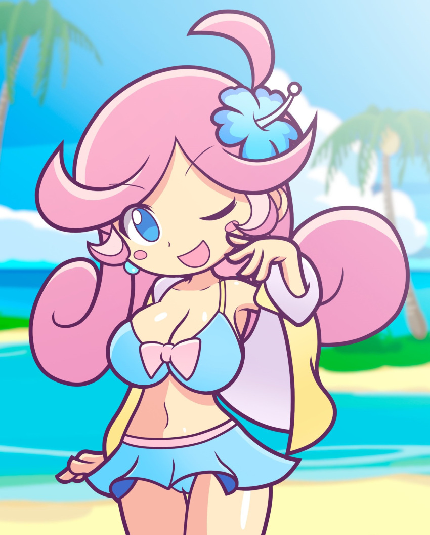 1girls accurate_art_style beach big_breasts bikini blue_eyes blush bow breasts cameltoe flower furii_(artist) hair_ornament huge_breasts large_breasts long_hair one_eye_closed pink_hair puyo_puyo puyo_puyo_artstyle puyo_puyo_fever raffina_(puyo_puyo) sega swimsuit thick_thighs thighs