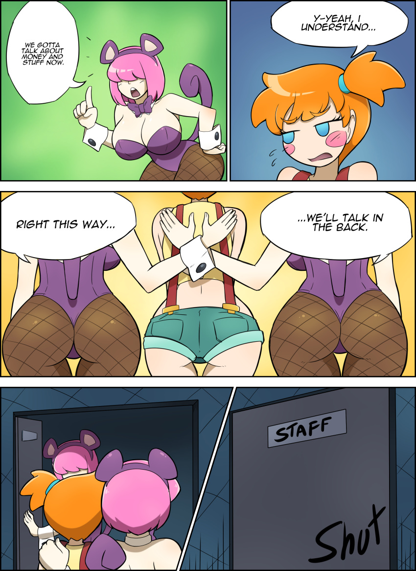 3girls bimbo bimbofication closet comic female_only fishnets kasumi_(pokemon) kobi-tfs large_ass nintendo pink_hair playboy pokemon red_hair text tomboy transformation wide_hips