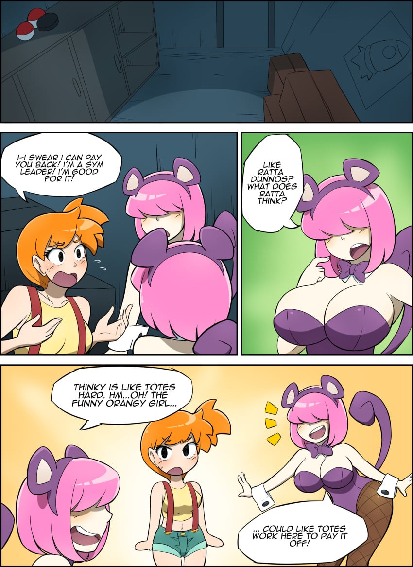 3girls big_breasts bimbo bimbofication comic female_only fishnets hair_covering_eyes kasumi_(pokemon) kobi-tfs nintendo pink_hair playboy pokemon rattata red_hair text tomboy transformation