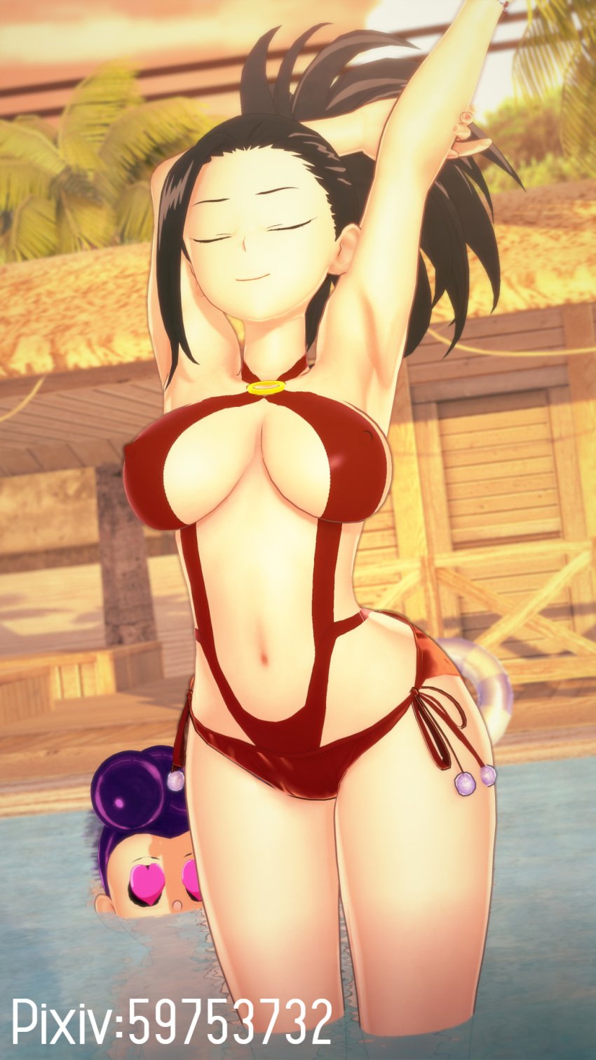 3d beach big_breasts bikini biyo black_hair koikatsu mineta_minoru minoru_mineta momo_yaoyorozu my_hero_academia pixiv stretching yaoyorozu_momo