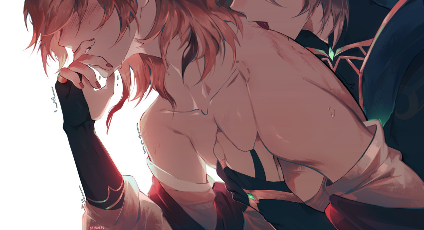 2boys alhaitham_(genshin_impact) blonde_hair blush bridal_gauntlets brown_hair brown_nails daznutzs genshin_impact grabbing grey_hair highres kaveh_(genshin_impact) licking_another's_neck long_sleeves multicolored_hair multiple_boys open_mouth pectoral_grab short_hair tongue tongue_out topless_male white_background yaoi